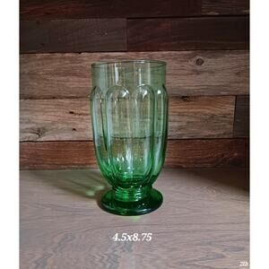 Vtg MCM Green Glass Pedestal Ribbed Design Vase